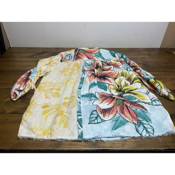 John Mark Womens Top Extra Large Linen Button Up Blouse Cinch Sleeves Art Boho - Picture 11 of 13
